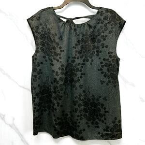 Ann Taylor Sleeveless Blouse Tie Neck Green Black Large